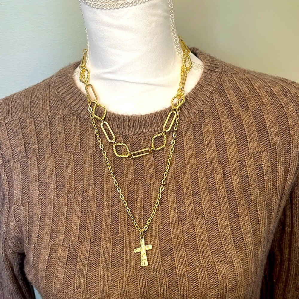 Gold Double Chain Necklace with Hammered Cross Pendant
